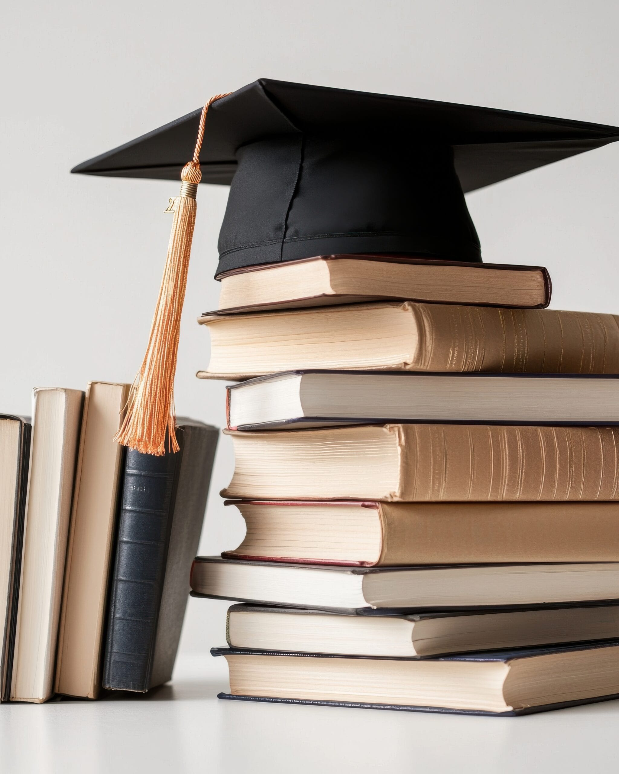 A graduation cap rests atop a stack of books, symbolizing education and academic achievement.