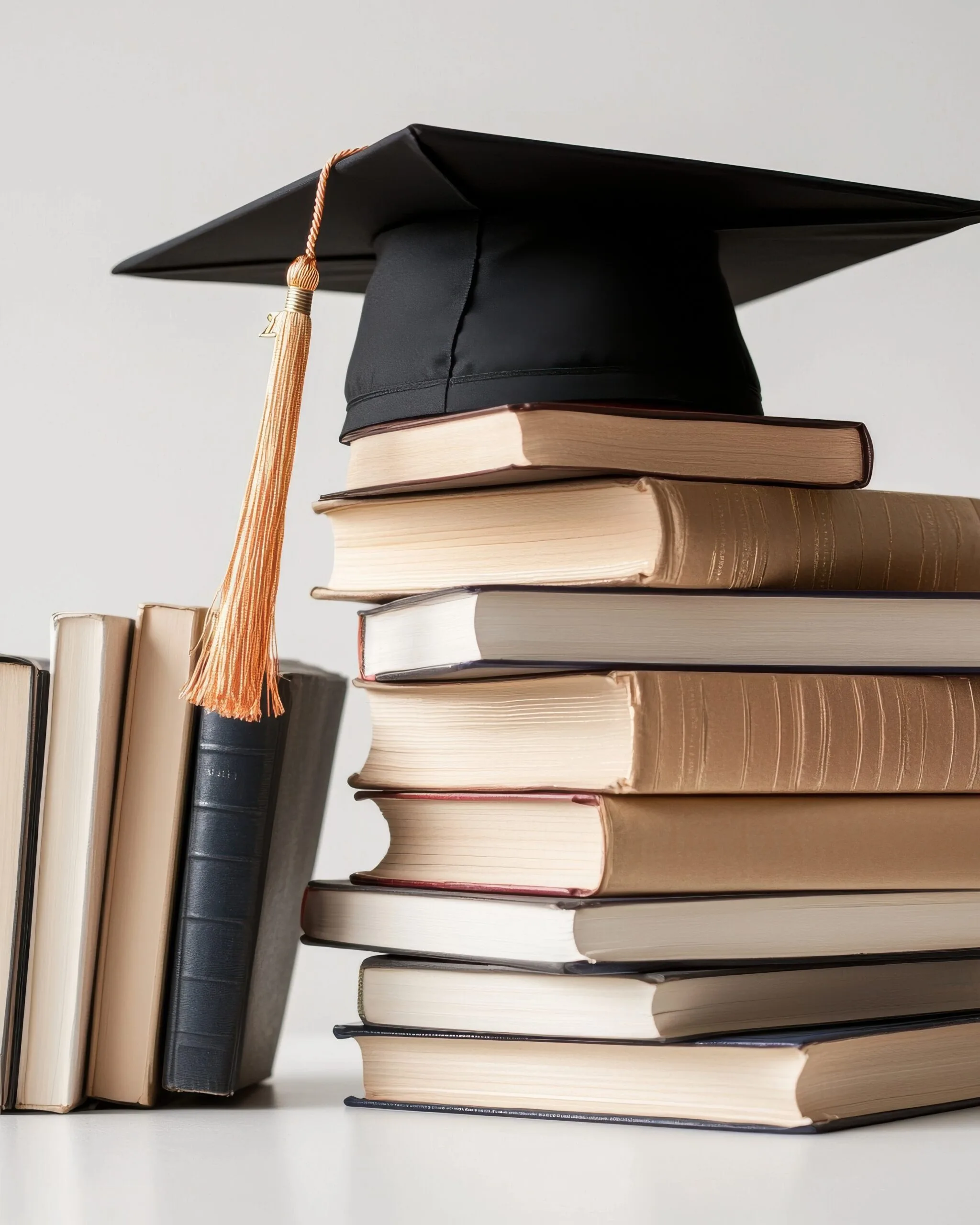 A graduation cap rests atop a stack of books, symbolizing education and academic achievement.