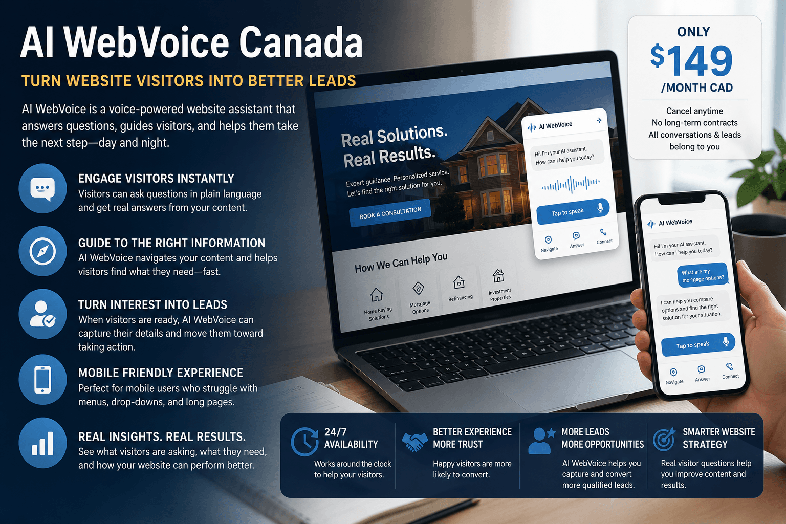 AI WebVoice CanadaTURN WEBSITE VISITORS INTO BETTER LEADSDescription: AI WebVoice is a voice-powered website assistant that answers questions, guides visitors, and helps them take the next step—day and night.Pricing: ONLY $149 /MONTH CAD. Cancel anytime. No long-term contracts. All conversations & leads belong to you.Key FeaturesENGAGE VISITORS INSTANTLY: Visitors can ask questions in plain language and get real answers from your content.GUIDE TO THE RIGHT INFORMATION: AI WebVoice navigates your content and helps visitors find what they need—fast.TURN INTEREST INTO LEADS: When visitors are ready, AI WebVoice can capture their details and move them toward taking action.MOBILE FRIENDLY EXPERIENCE: Perfect for mobile users who struggle with menus, drop-downs, and long pages.REAL INSIGHTS. REAL RESULTS: See what visitors are asking, what they need, and how your website can perform better.Core Benefits24/7 AVAILABILITY: Works around the clock to help your visitors.BETTER EXPERIENCE, MORE TRUST: Happy visitors are more likely to convert.MORE LEADS, MORE OPPORTUNITIES: AI WebVoice helps you capture and convert more qualified leads.SMARTER WEBSITE STRATEGY: Real visitor questions help you improve content and results.Visual ElementsA laptop and smartphone displaying the AI WebVoice interface, featuring a "Tap to speak" button and a voice wave visual.The screen shows a real estate-themed website with the heading "Real Solutions. Real Results." and options for Home Buying Solutions, Mortgage Options, Refinancing, and Investment Properties.