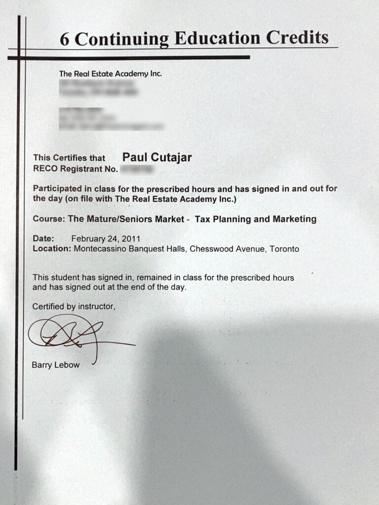 Accredited Senior Agent™ 2011 six-credit certificate for Paul Cutajar